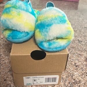 UGG Fluffy Slide Sandals - Blue, Green, and White. Kids size 6c.